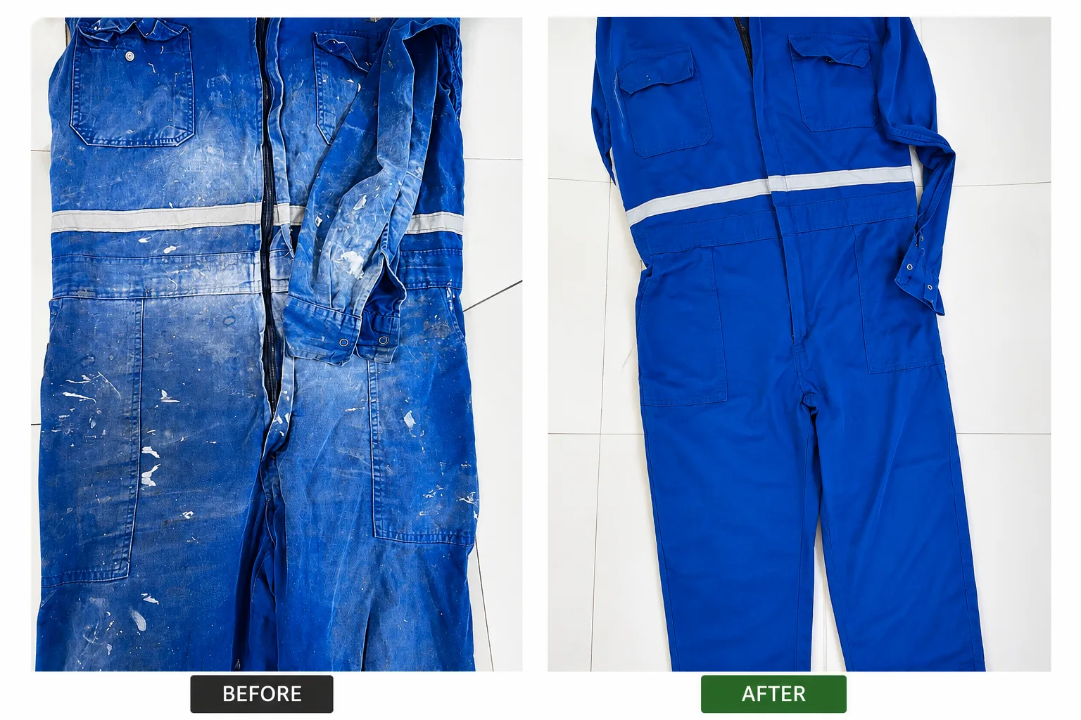Industrial work coverall before and after recycling